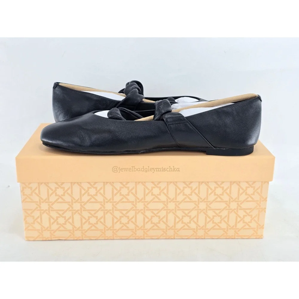 Jewel Badgley Mischka Taylore Flats Womens 7.5 Black Matte Leather Knot - New